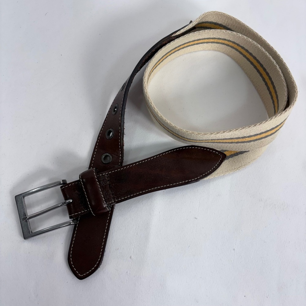 Eddie Bauer Belt Brown Canvas Leather Striped Vintage Made in Italy Mens
